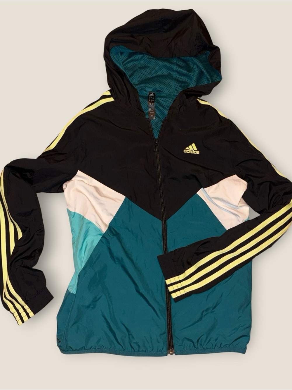 Adidas Vintage Inspired Women’s Teal & Black Hooded Windbreaker Track Zip Jacket